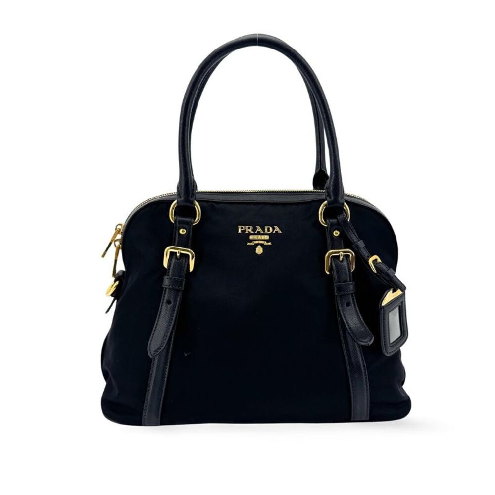 Prada Tessuto Saffiano Dome Tote Bag Black with Gold Hardware